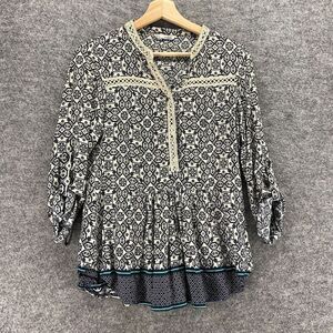 Grifflin Blouse Women S Small Gray Geometric V-Neck 3/4 Sleeve Rayon Casual